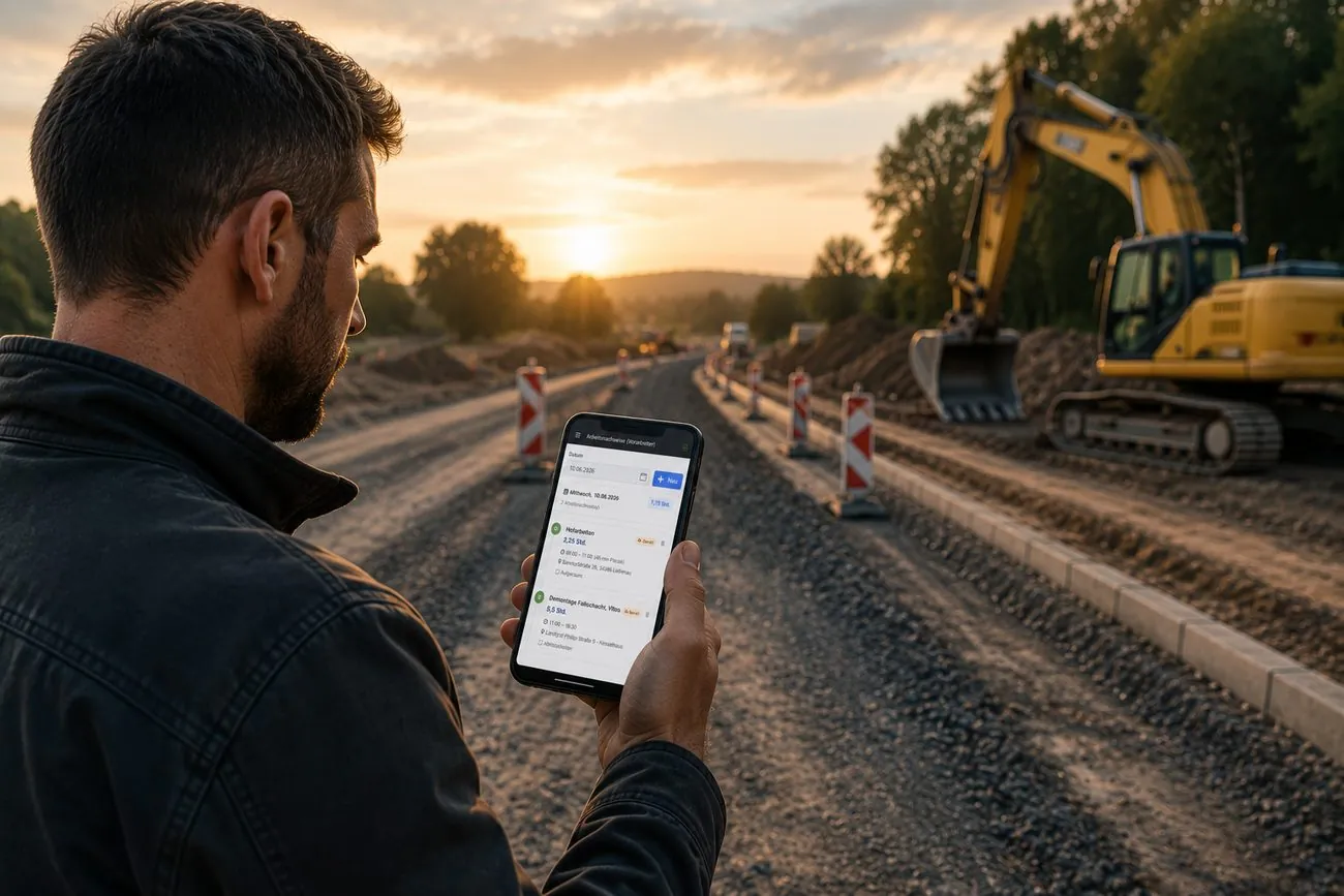 Arbeitsnachweis in der hpo Bau App auf dem Smartphone auf der Baustelle